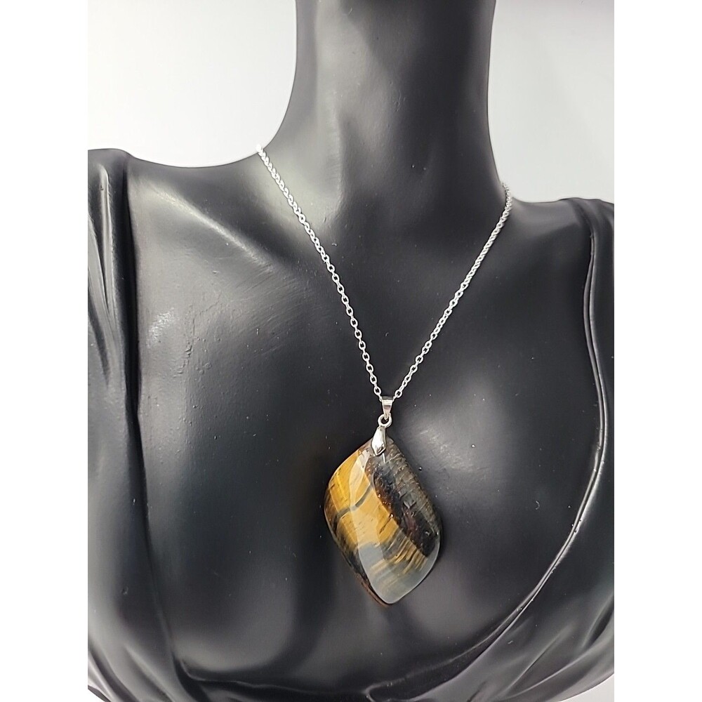 Vintage Blue Tigers Eye Hawks Eye Stone Pendant Necklace‎ Polished Freeform